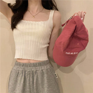 Summer 2025 new Korean version of the petite versatile curled navel - baring short tops outer wear knitted camisole vest for women - Negative Apparel