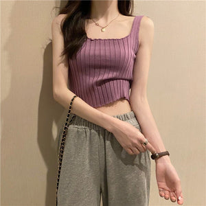 Summer 2025 new Korean version of the petite versatile curled navel - baring short tops outer wear knitted camisole vest for women - Negative Apparel