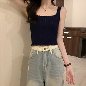 Summer 2025 new Korean version of the petite versatile curled navel - baring short tops outer wear knitted camisole vest for women - Negative Apparel