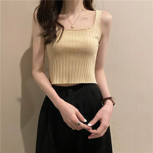 Summer 2025 new Korean version of the petite versatile curled navel - baring short tops outer wear knitted camisole vest for women - Negative Apparel