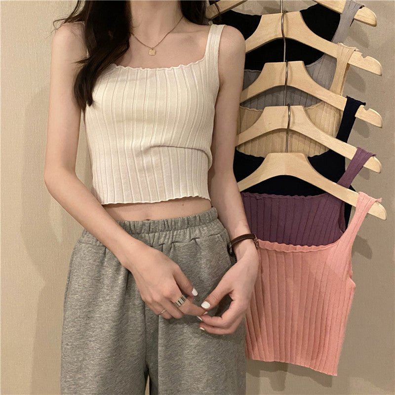 Summer 2025 new Korean version of the petite versatile curled navel - baring short tops outer wear knitted camisole vest for women - Negative Apparel