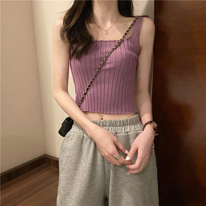Summer 2025 new Korean version of the petite versatile curled navel - baring short tops outer wear knitted camisole vest for women - Negative Apparel
