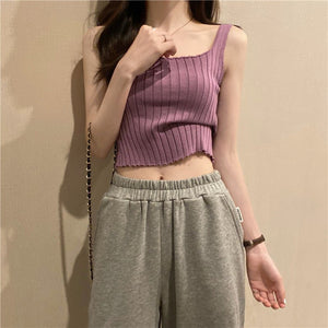 Summer 2025 new Korean version of the petite versatile curled navel - baring short tops outer wear knitted camisole vest for women - Negative Apparel