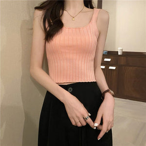 Summer 2025 new Korean version of the petite versatile curled navel - baring short tops outer wear knitted camisole vest for women - Negative Apparel