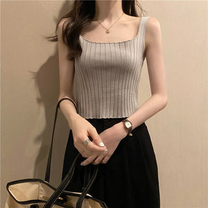 Summer 2025 new Korean version of the petite versatile curled navel - baring short tops outer wear knitted camisole vest for women - Negative Apparel