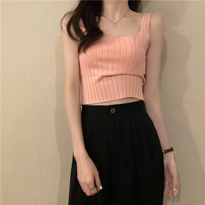 Summer 2025 new Korean version of the petite versatile curled navel - baring short tops outer wear knitted camisole vest for women - Negative Apparel