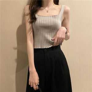 Summer 2025 new Korean version of the petite versatile curled navel - baring short tops outer wear knitted camisole vest for women - Negative Apparel