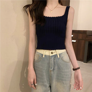 Summer 2025 new Korean version of the petite versatile curled navel - baring short tops outer wear knitted camisole vest for women - Negative Apparel