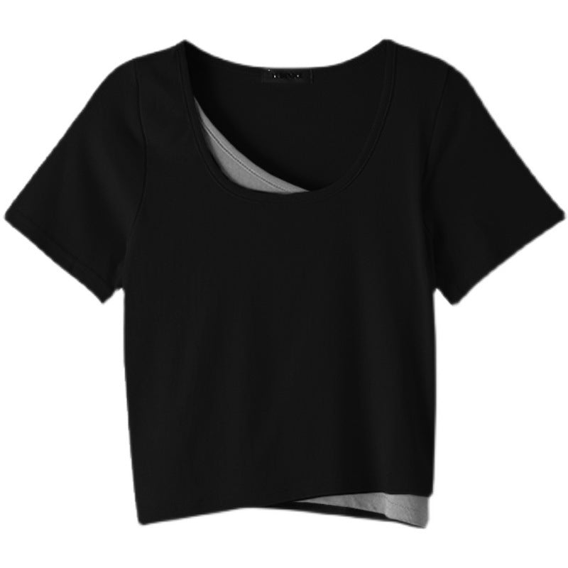 Summer 2025 new thin short fake two - piece design slim - fitting sexy short - sleeved top women's inst-shirt bottoming shirt - Negative Apparel