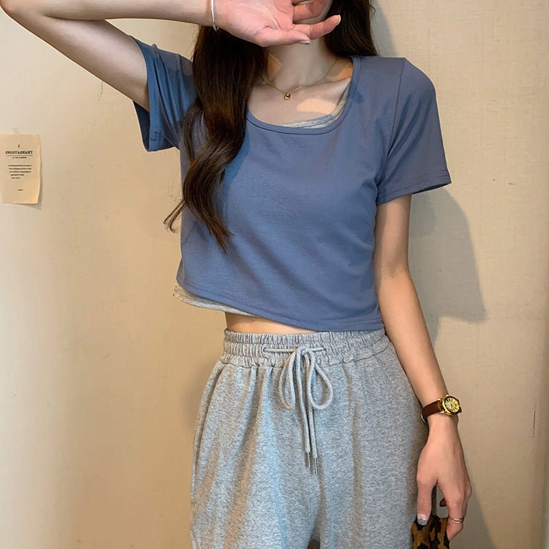 Summer 2025 new thin short fake two - piece design slim - fitting sexy short - sleeved top women's inst-shirt bottoming shirt - Negative Apparel