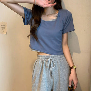 Summer 2025 new thin short fake two - piece design slim - fitting sexy short - sleeved top women's inst-shirt bottoming shirt - Negative Apparel