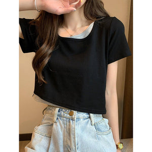 Summer 2025 new thin short fake two - piece design slim - fitting sexy short - sleeved top women's inst-shirt bottoming shirt - Negative Apparel
