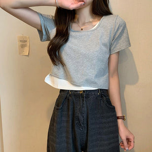 Summer 2025 new thin short fake two - piece design slim - fitting sexy short - sleeved top women's inst-shirt bottoming shirt - Negative Apparel