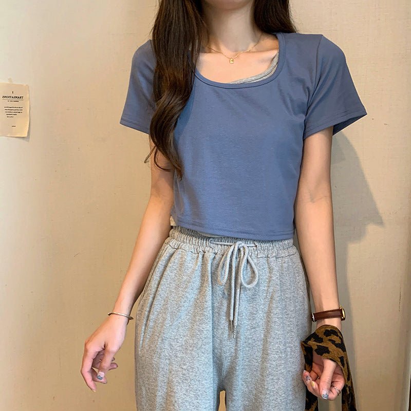 Summer 2025 new thin short fake two - piece design slim - fitting sexy short - sleeved top women's inst-shirt bottoming shirt - Negative Apparel