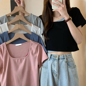Summer 2025 new thin short fake two - piece design slim - fitting sexy short - sleeved top women's inst-shirt bottoming shirt - Negative Apparel