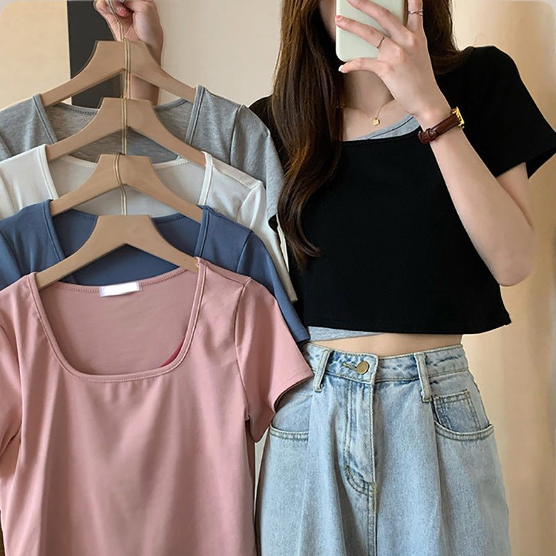 Summer 2025 new thin short fake two - piece design slim - fitting sexy short - sleeved top women's inst-shirt bottoming shirt - Negative Apparel