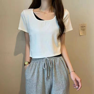 Summer 2025 new thin short fake two - piece design slim - fitting sexy short - sleeved top women's inst-shirt bottoming shirt - Negative Apparel