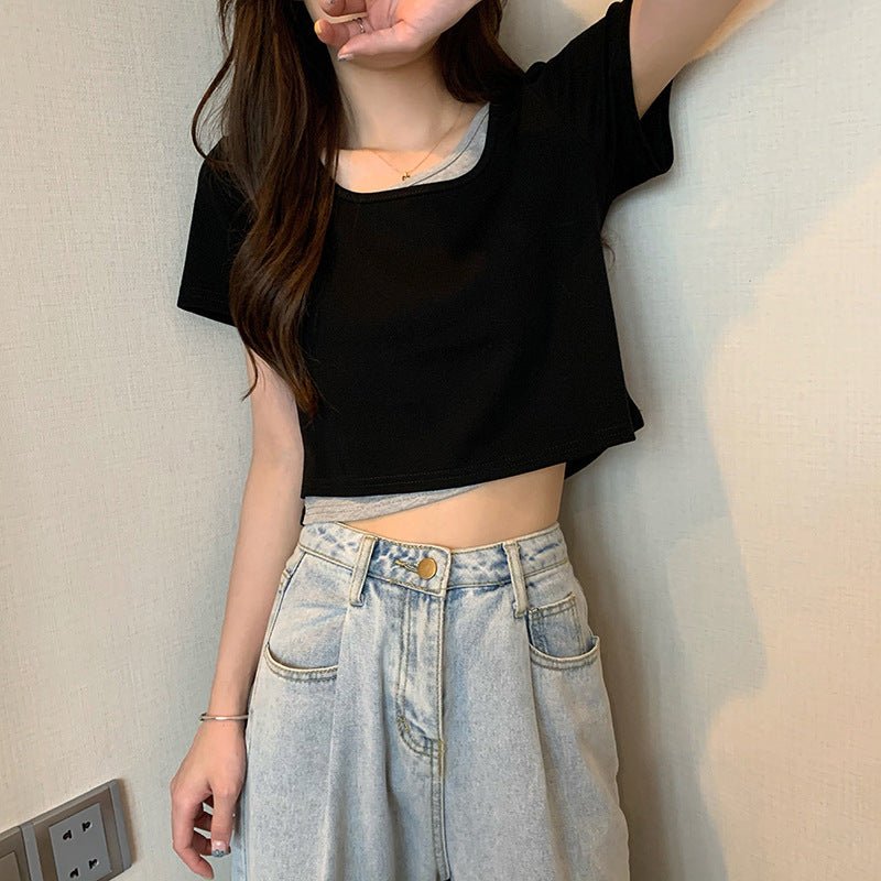 Summer 2025 new thin short fake two - piece design slim - fitting sexy short - sleeved top women's inst-shirt bottoming shirt - Negative Apparel