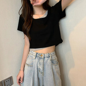 Summer 2025 new thin short fake two - piece design slim - fitting sexy short - sleeved top women's inst-shirt bottoming shirt - Negative Apparel