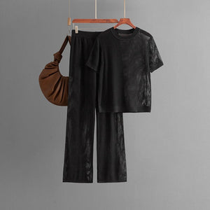 Summer casual fashion versatile round neck solid color short - sleeved loose knitted hollow wide - leg pants two - piece set - Negative Apparel