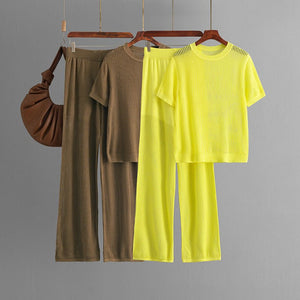 Summer casual fashion versatile round neck solid color short - sleeved loose knitted hollow wide - leg pants two - piece set - Negative Apparel