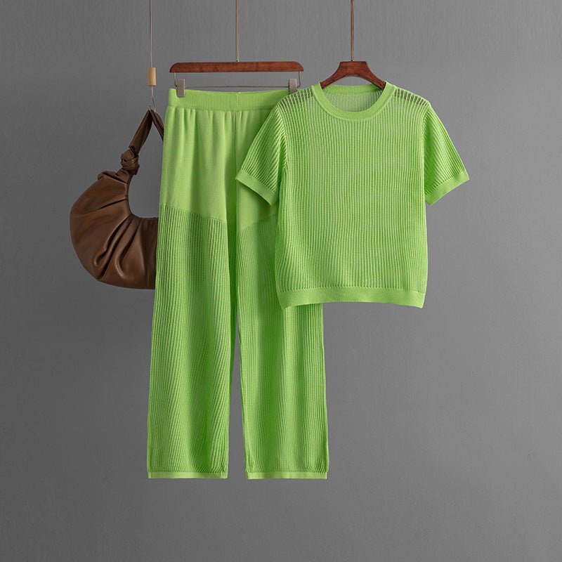 Summer casual fashion versatile round neck solid color short - sleeved loose knitted hollow wide - leg pants two - piece set - Negative Apparel