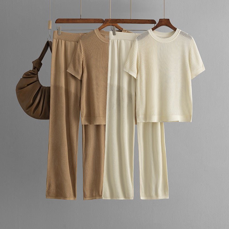 Summer casual fashion versatile round neck solid color short - sleeved loose knitted hollow wide - leg pants two - piece set - Negative Apparel