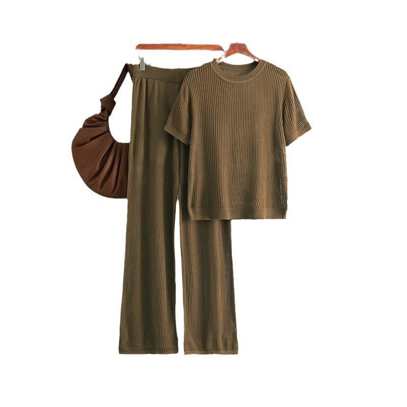 Summer casual fashion versatile round neck solid color short - sleeved loose knitted hollow wide - leg pants two - piece set - Negative Apparel