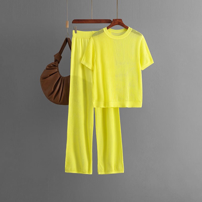Summer casual fashion versatile round neck solid color short - sleeved loose knitted hollow wide - leg pants two - piece set - Negative Apparel