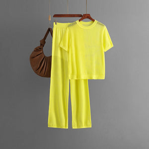 Summer casual fashion versatile round neck solid color short - sleeved loose knitted hollow wide - leg pants two - piece set - Negative Apparel