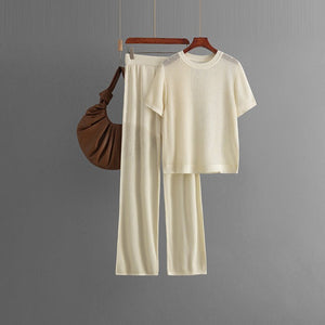 Summer casual fashion versatile round neck solid color short - sleeved loose knitted hollow wide - leg pants two - piece set - Negative Apparel