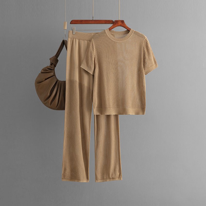 Summer casual fashion versatile round neck solid color short - sleeved loose knitted hollow wide - leg pants two - piece set - Negative Apparel