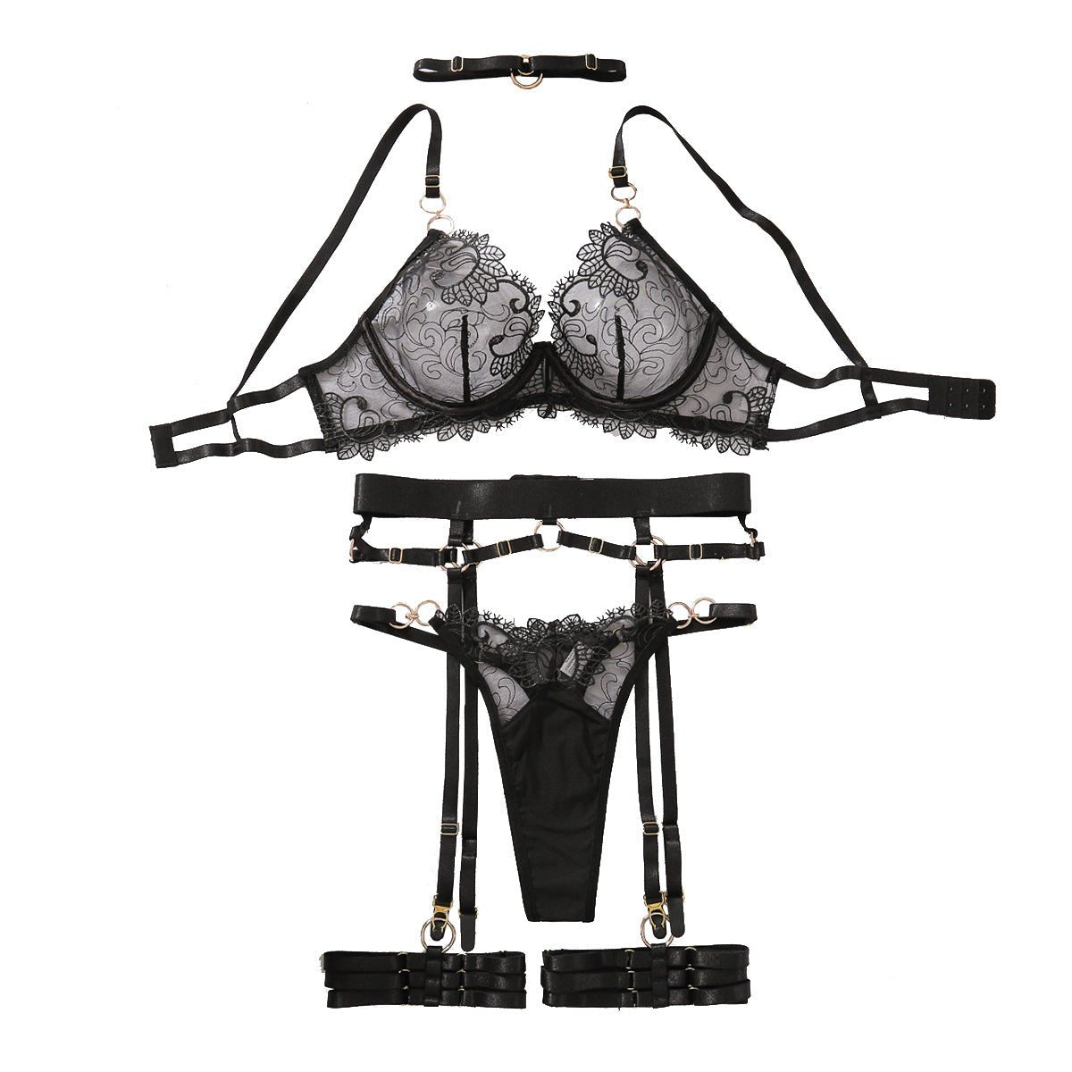 Summer new bra set low - cut perspective embroidery complex craft underwear five - piece set for women - Negative Apparel