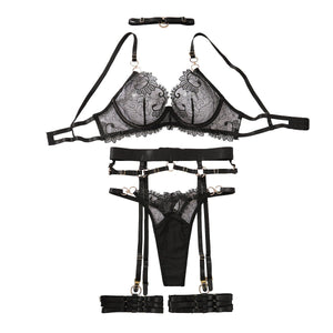Summer new bra set low - cut perspective embroidery complex craft underwear five - piece set for women - Negative Apparel