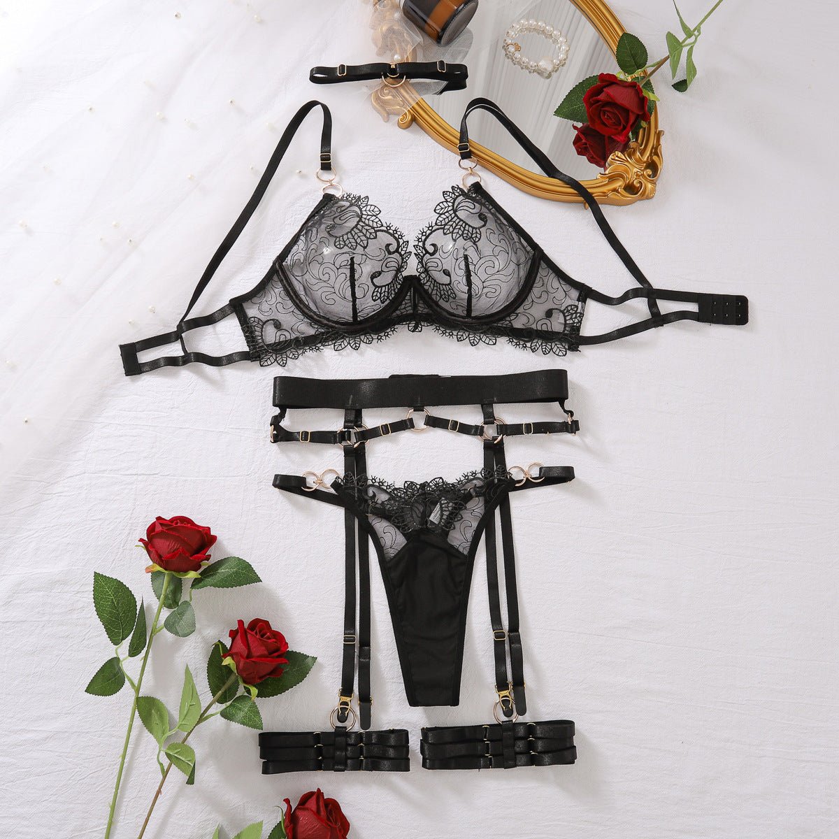 Summer new bra set low - cut perspective embroidery complex craft underwear five - piece set for women - Negative Apparel