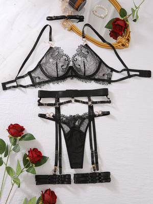 Summer new bra set low - cut perspective embroidery complex craft underwear five - piece set for women - Negative Apparel
