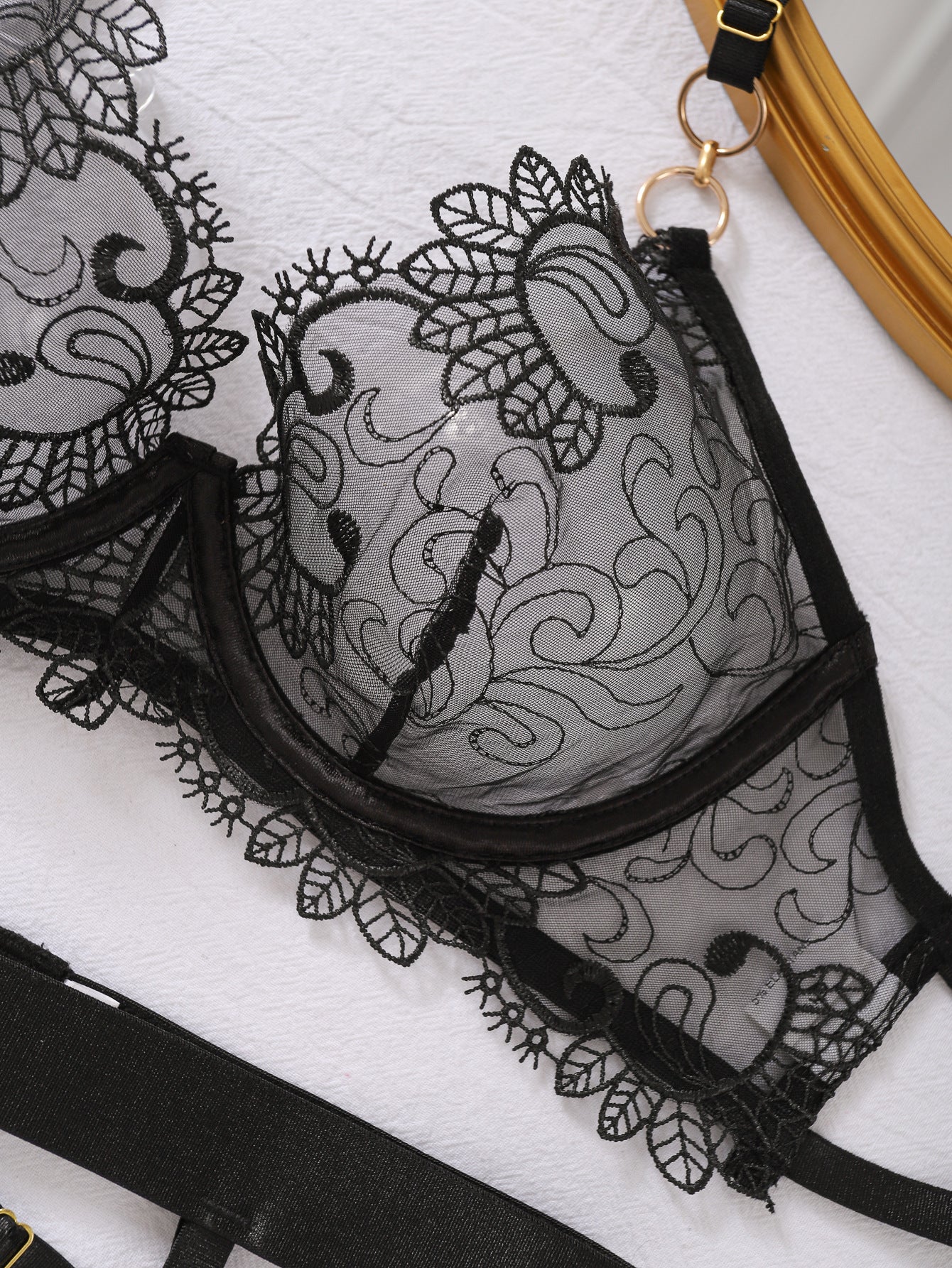 Summer new bra set low - cut perspective embroidery complex craft underwear five - piece set for women - Negative Apparel