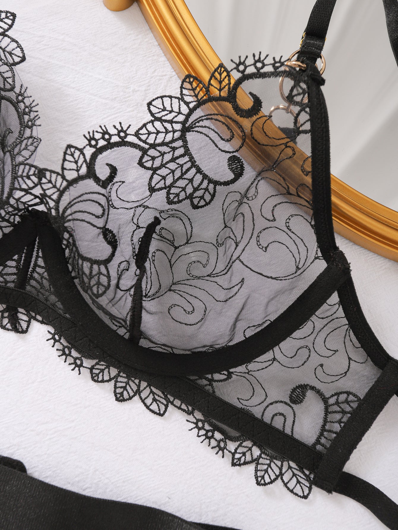 Summer new bra set low - cut perspective embroidery complex craft underwear five - piece set for women - Negative Apparel