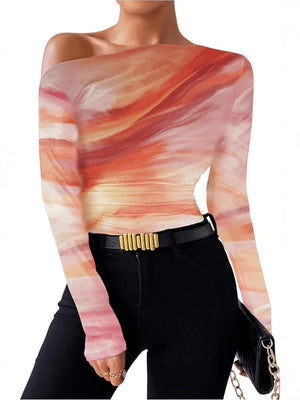 Summer new fashion tie - dye printing asymmetric ruffled long sleeve T-shirt FD - Negative Apparel