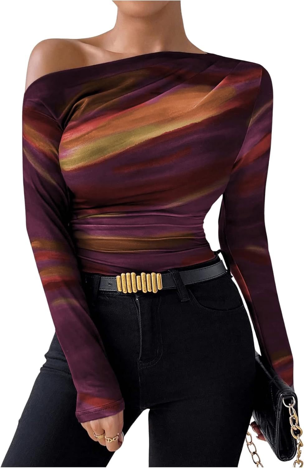 Summer new fashion tie - dye printing asymmetric ruffled long sleeve T-shirt FD - Negative Apparel