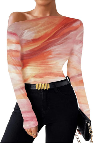 Summer new fashion tie - dye printing asymmetric ruffled long sleeve T-shirt FD - Negative Apparel
