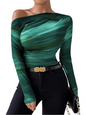 Summer new fashion tie - dye printing asymmetric ruffled long sleeve T-shirt FD - Negative Apparel