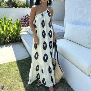 Summer new French design single shoulder suspender beach dress women's dress - Negative Apparel