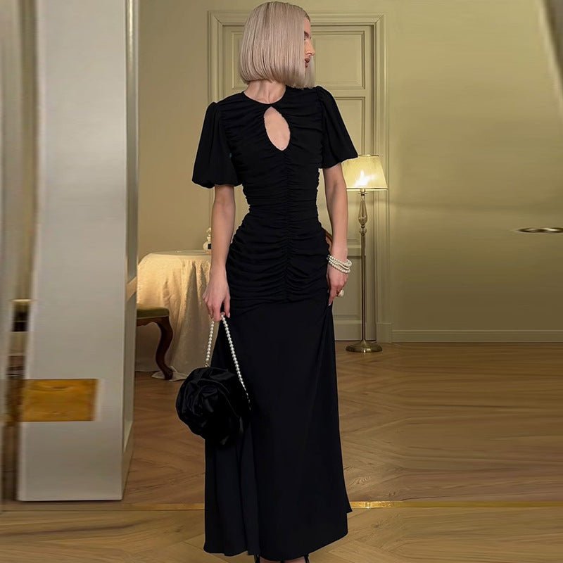 Summer new French temperament round neck short sleeve pleated waist slim long dress - Negative Apparel