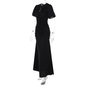 Summer new French temperament round neck short sleeve pleated waist slim long dress - Negative Apparel