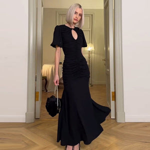 Summer new French temperament round neck short sleeve pleated waist slim long dress - Negative Apparel