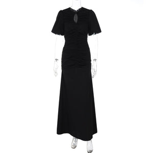 Summer new French temperament round neck short sleeve pleated waist slim long dress - Negative Apparel