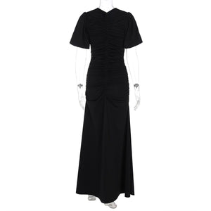 Summer new French temperament round neck short sleeve pleated waist slim long dress - Negative Apparel