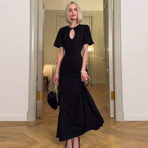 Summer new French temperament round neck short sleeve pleated waist slim long dress - Negative Apparel