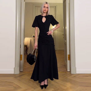 Summer new French temperament round neck short sleeve pleated waist slim long dress - Negative Apparel